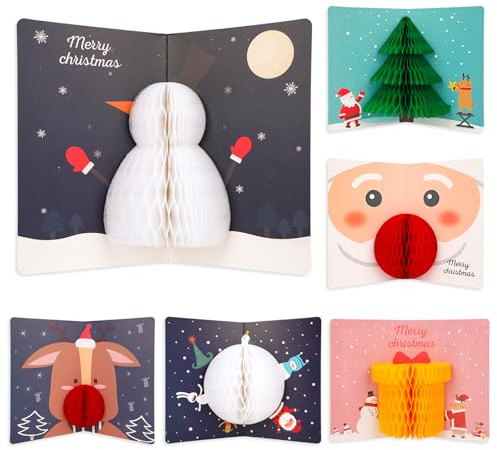 6st Popup Hälsningskort i Julstil, Roliga och Söta 3D God Julkort med Kuvert och Klistermärken Hälsningstillbehör för Kvinnor Män Barn