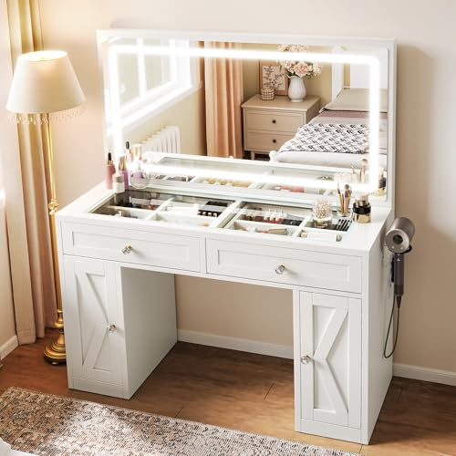 YITAHOME Coiffeuse avec Miroir LED, Coiffeuse avec éclairage réglable en 3 Couleurs, Plateau en Verre de sécurité et Prise intégrée, pour Chambre à Coucher, 115 x 40 x 134 cm