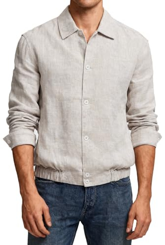 CHICHICFAD Men's 100% Linen Long Sleeve Button Down Jacket Lightweight Fall Coat Flax, X-Large