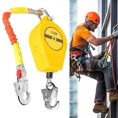 Nzkeuf Dispositivo Anticaduta Retrattile, 10m Imbracatura di Sicurezza Anticaduta Omologata, Capacità di Carico Massima 150KG, per Lavori a Grandi Altezze (Giallo, 10m)