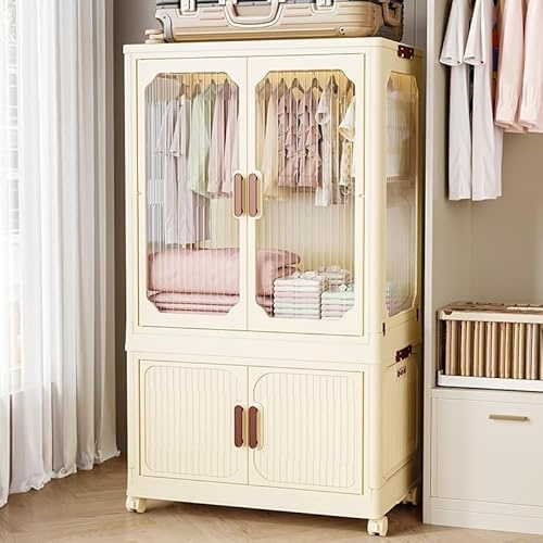 Armadio pieghevole portatile a 2 ripiani in plastica con asta per appendere porte magnetiche, ruote, vestiti salvaspazio per casa, camera da letto e dormitorio.