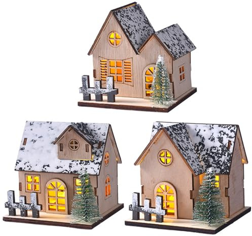 Lot de 3 Maisons de Village Noël Lumineuses avec Toit en Neige en Bois et décoration d'arbre pour centres Table Noël, Ensembles décoration d'intérieur Vacances, Maisons, W