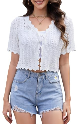 YUURQTY Gilet Femme Chic et Elégant, Cardigan Court en Tricot Ajouré à Manches Courtes avec Nœud Frontal, Boléro Crochet Femme Été pour Robe Mariage Top Casual