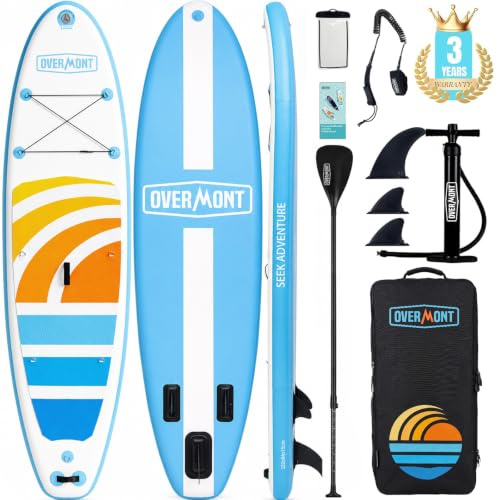 Overmont Inflatable Stand Up Paddle Board 10′6″ x 33″ x 6″ – Stable Heavy-Duty SUP for Beginners & Adults, Includes Oar, Fins, Pump & Carry Bag – Portable, Non-Slip Deck for Lakes, Beach, Rivers