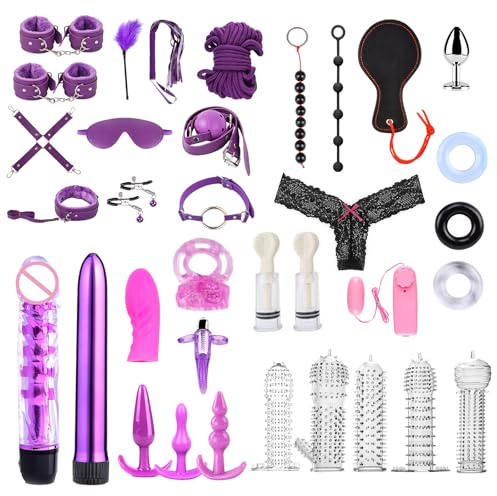 Set Bondage 34 Pezzi per San Valentino, SM Sessuale Set Restrizioni BDSM con Plug Anale Manette Caviglia Morsetti Capezzoli, Sex Toys Giocattoli Sessuali Erotici per Coppie Uomo Donna(Viola)