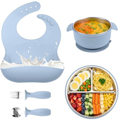 Anluomafuy Cofanetto Pasto Bebè 5 Pezzi, Stoviglie in Silicone Antiscivolo con Ventosa: Piatto a 3 Scomparti, Ciotola, Bavaglino, Cucchiaio e Forchetta – Senza BPA per Neonati e Bambini (blu)