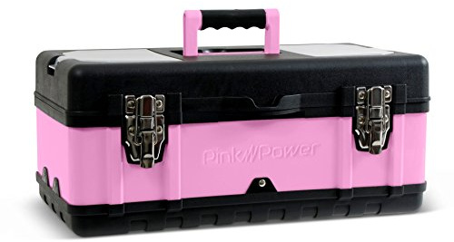 Pink Power Pink Tool Box for Women - 18 Small Metal & Plastic Portable Lightweight Locking Empty Toolbox Chest - Craft Tote Storage Case Organizer for Ladies Mini Tool Set Kit