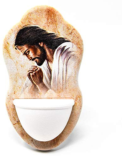 Catholic Gift Shop Jesus Holy Water Font with a Bottle of Lourdes Holy Water & Lourdes Prayer Card