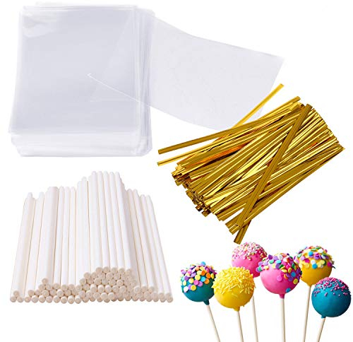 300pcs 6 Inches Cake Pops Supplies Cake Pops Making Tools 100Pcs Pops Sticks 100Pcs Bags and 100 Pcs Twist Ties