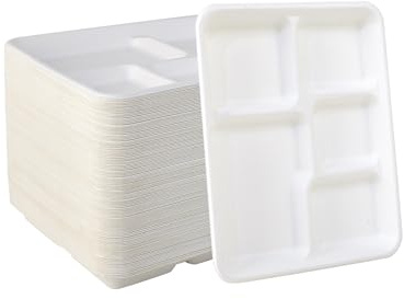 Vplus 100% Compostable Small 5 Compartment Plates 125 Pack 10.25 x 8.25 inch Disposable Sugarcane Bagasse Tray Perfect for Boys and Girls
