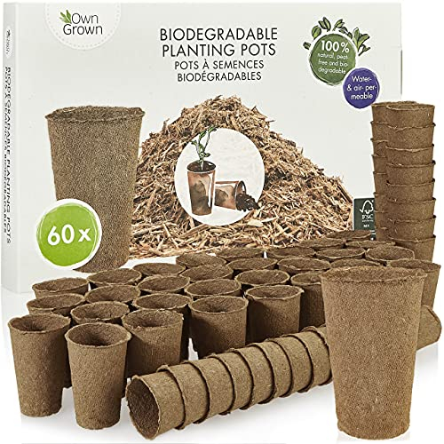 OwnGrown Pots de Culture Biodegradable: kit 60x Pot de Culture semis de Fleur et Plante en Fibres de Bois biodégradables pour Jardin, bac, Serre ou Potager - sans Tourbe, sans repiquage - Qualité