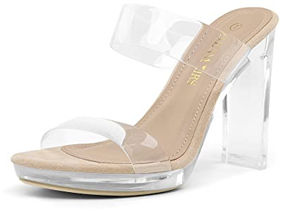 DREAM PAIRS Women's Clear Two Strap Open Toe High Block Chunky Slip on Dress Heel Sandals,Size 9,Nude/Clear,DHS217