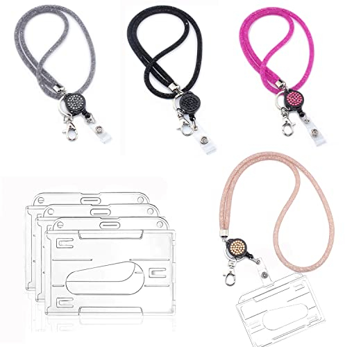 4 Stück Ausweishülle mit Band, Basicon Einziehbarer Ausweishalter und Kristall Lanyard Halskette mit Transparent ID Kartenhalter und Schlüsselring Bling Strass Schlüsselband ID Kartenhalter Halsriemen