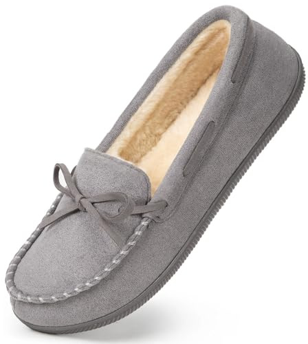 HomeTop Women's Moccasin Slippers Comfy Warm Fluffy Memory Foam Non-Slip Indoor House Shoes Grey, 5 UK