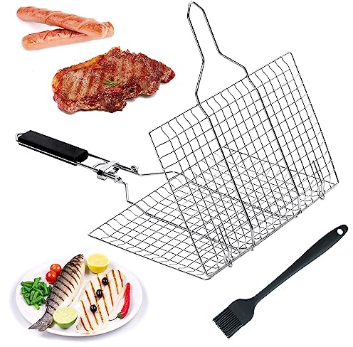 iTGOOS Fish Grilling Basket, Grill Basket Stainless Steel BBQ Grilling Basket Portable BBQ Grill Basket Fish Grill Basket with Removable Handle with Basting Brush for Fish Steak Vegetable Shrimp