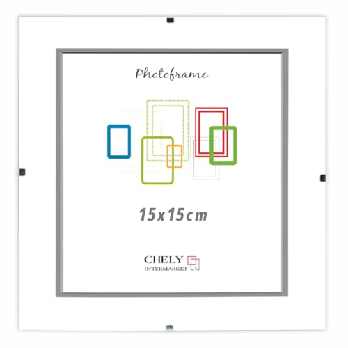 CHELY INTERMARKET MOD300 Marco Portafoto Clip Metacrilato Sin Borde Moderno 15x15cm Montaje Vertical Horizontal Decoración Posters Carteles Oficinas Galerías Color Transparente Incluye 1 Unidad