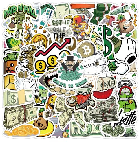 Affoto 50 Piezas de Pegatinas de Dinero Moneda, Pegatinas para Ordenador Portatil Agenda Laptop Skate Botella Agua Guitarras Maletas equipajes Coches y Bicicletas, Money currency Impermeable Vinilo