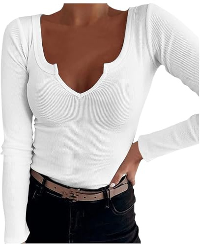 Camiseta ajustada de manga larga para mujer, corte ajustado, Y2k, parte superior con cuello en V, camiseta deportiva acanalada, camiseta de manga larga, informal, elegante, ropa de otoño, Blanco, XS