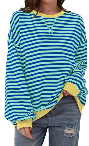 Chicrise Sweatshirt dam överdimensionerad randig färgblock långärmad tröja stickad rund urringning toppar lös