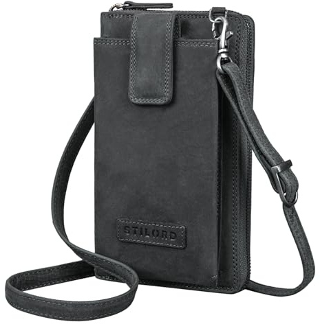 STILORD 'Nelly' Geldbörse mit Handyfach Leder 3-in-1 Handytasche Umhängetasche Portemonnaie zum Umhängen Handy Umhängetasche Damen Vintage Echtleder, Farbe:carbon - grau