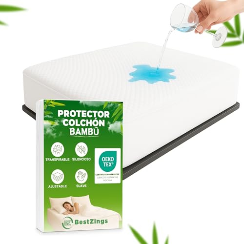 BESTZINGS Protector Colchón de Bambú Impermeable Ajustable Transpirable Termorregulador Suave Hipoalergenico Antiacaros OekoTex Silencioso Lavable Antimanchas para Adultos Niños Mascotas 135x190