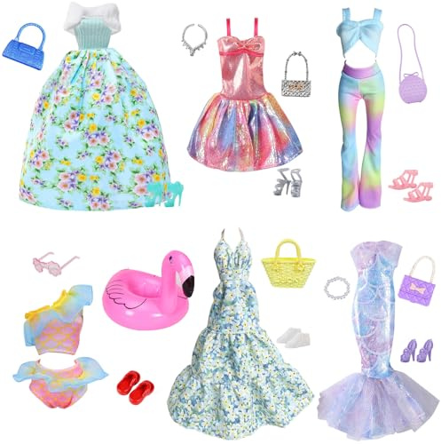 21 vêtements, 1 jupe florale verte, 1 robe camisole rose, 1 pantalon haut, 1 robe à fleurs avec décolleté suspendu, 1 robe sirène, 1 maillot de bain pour poupée de 11,5 pouces, cadeau