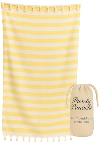 Purely Panache Oversized 100% Turkish Cotton Hammam Peshtemal 100x180cm – Quick Dry, Lightweight Bath, Spa & Travel Towel – Prewashed Thin Turkish Blanket with Carry Bag (Yellow - White Stripe)