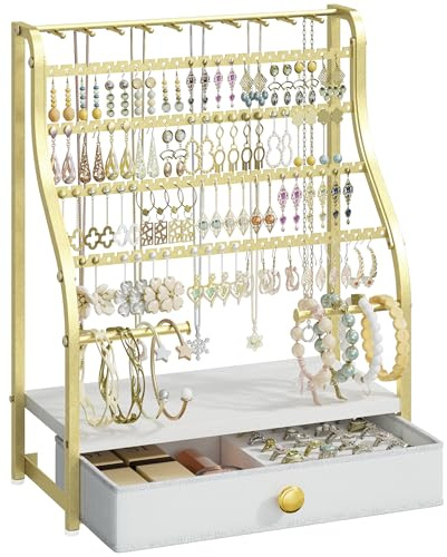 SWTYMIKI Earring Holder Organizer - Jewelry Organizer Stand with Necklace Hooks, Watch Rods, Nonwoven Drawer, Large Capacity Jewelry Display for Stud Earring Bracelet Necklace Ring, Gold