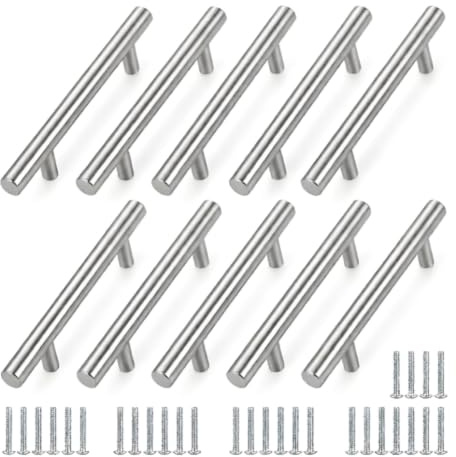 Kitchen Cupboard Handles Silver 10 Pack , 96mm Hole Centre Cabinet Handles | Stainless Steel Brushed Finish Wardrobe Handle, T-Shaped Drawer Door Handle for Home Kitchen Bathroom Living Room Furniture