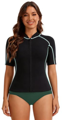 Lemorecn Haut en néoprène à manches courtes de 2 mm pour femme, super extensible, fermeture éclair sur le devant, veste en néoprène pour plongée, surf, natation, kayak, vert, taille 3XL