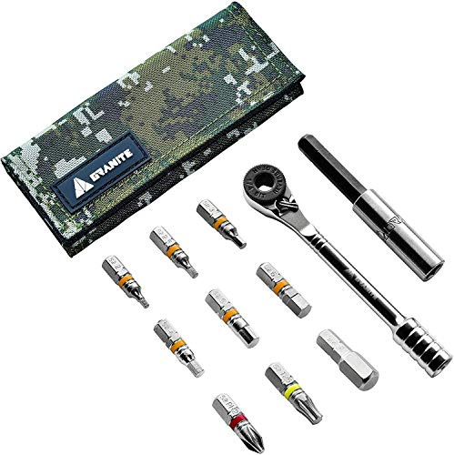 Granite Rocknroll Mini kit di chiavi a cricchetto per biciclette con 9 punte, asta di prolunga (Mimetico Verde)