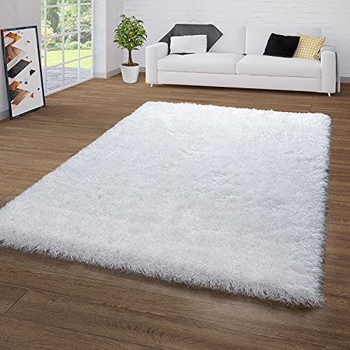 TT Home Hochflor-Teppich Für Wohnzimmer, Shaggy Mit Glitzer-Garn, Einfarbig In Weiß, Größe:120x160 cm