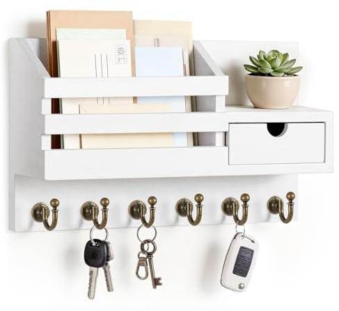 FifthQuarter Key Holder Wall Mount: Key and Mail Holder for Wall with 6 Hooks and Storage Drawer, Easy Installation Key Rack for Entryway Home Decor (A-White)