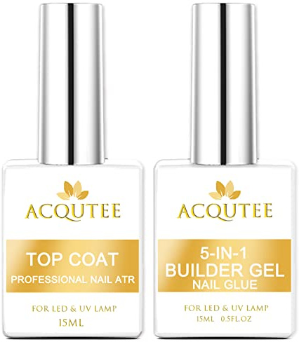 ACQUTEE 2PCS 15ml Builder Gel Top Coat Colles pour Ongles Base Gel Pour Pose Américaine Ongles Capsules, Nail Extend Durcissement, Nail Glue en Résine