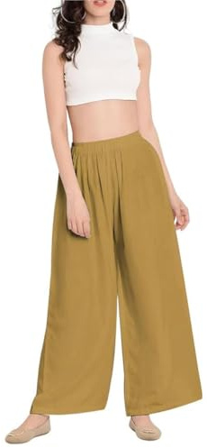 Prime fashions - Femme Uni Flared Palazzo - Pantalon - Jambe large évasée - Taille élastique - Tenue décontractée, moutarde, 40-42