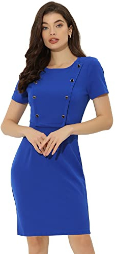 Allegra K Sheath Dress for Women's Business Casual Round Neck Short Sleeve Knit Bodycon Dresses Royal Blue M