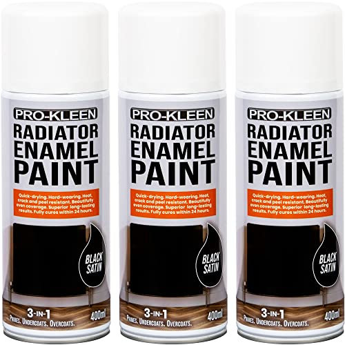 Pro-Kleen Radiator Enamel Spray Paint Black Satin 3 x 400ml - Heat Resistant up to 100ºC - For Radiators, Hot Pipes, Water Tanks & More - Fast Drying & No Primer Needed