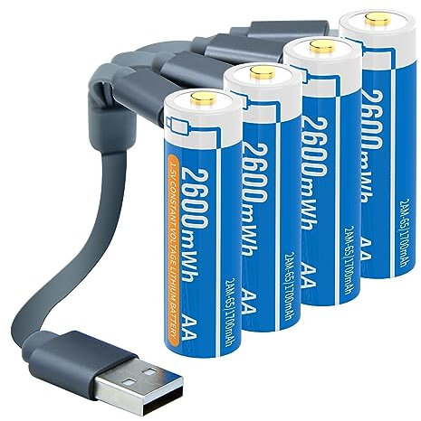 Henreepow 1.5V AA Lithium Rechargeable Batteries, High Capacity 2600mWh(1700mAh) Double A Lithium ion Rechargeable Battery, 1500 Cycles with 4 in 1 USB Charging Cable (4 Pack with Storage Box)