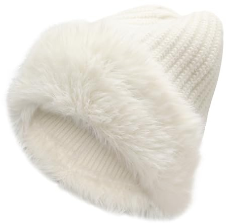 ZLYC Bonnet d'hiver en Fausse Fourrure pour Femme - Bonnet Chaud en Tricot Extensible avec Revers, Blanc uni., Taille Unique