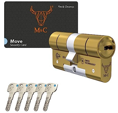 M&C Move Bombín Cerradura Alta Seguridad Anti Topolino Leva Larga Doble Embrague Seguridad Máxima SKG 3 Estrellas Anti Bumping Anti Taladro Latón Pulido 5 Llaves Incluidas (32x32mm)