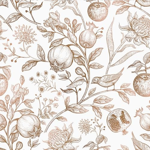 VEELIKE Papier peint, motif floral, beige, vintage, motif floral, fleurs, fruits, feuilles, film autocollant pour meubles, décoration de chambre à coucher, salon, couloir, 44,5 cm x 300 cm