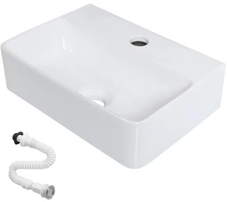 Lavabo de Cerámica, Lavamanos Blanco de Aseo Anti-manchas, Lavabo sobre encimera para Baño, Fácil de Limpiar y con Conexiones Estándar. Ideal para Cocina o Baño. (36,5x25,5x10,5 CM)