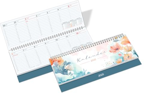 PRIMUS PRINT Tischkalender 2025 Quer Wochenkalender – Terminkalender und Jahreskalender – 297x130mm, 75g Naturpapier, 64 Seiten, Drahtkammbindung, Feiertage und Schulferien - [Einzeln - Blumen]