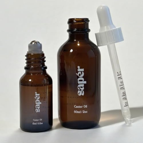 sapér Castor Oil 2oz dropper bottle and roll on bottle refillable combo package