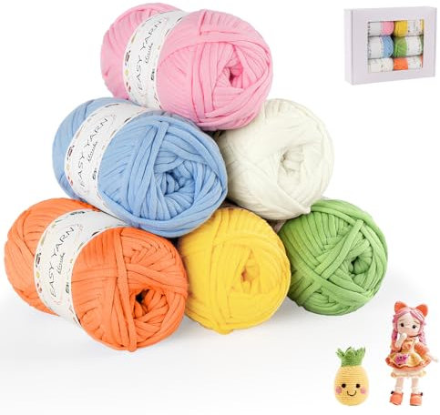 ilauke 6 Stück Chunky Häkelgarn für Anfänger, 6x50g Dickes Garn Baumwolle zum Häkeln, Baumwoll-Nylon-Garn für Anfänger zum Häkeln und Stricken, Weiß, Gänsegelb, Rosa, Herbst Duft Grün, Rot, Hellblau