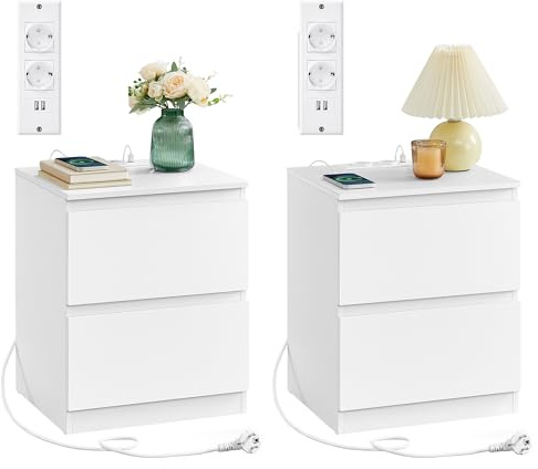VASAGLE Kailyn Kollektion - Nachttisch mit Steckdosenleiste, 2er Set, Beistelltisch 2 Schubladen, 2 AC-Steckdosen, 2 USB-A-Anschlüsse, für Schlafzimmer, wolkenweiß LET821W02
