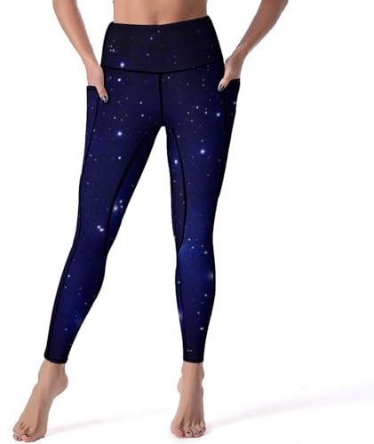 Blue Galaxy Starry Sky Women's Workout Leggings with Pockets - High-Waist, Thick 4-Way Stretch Running Yoga Pants S
