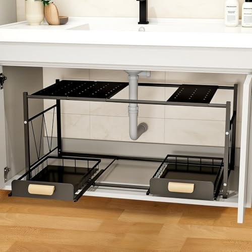 EOJDDPA Organizador bajo fregadero, organizador de armario de cocina doble, separador extraíble, 2 niveles, almacenaje cocina extensible, organizador fregadero para baño