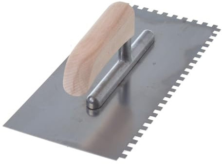 Aqbau® Truelle de lissage dentée 4 x 4 mm avec manche en bois - Truelle dentée - Truelle dentée - En acier inoxydable - Avec dents - 270 x 130 mm - Pour la pose de carrelage