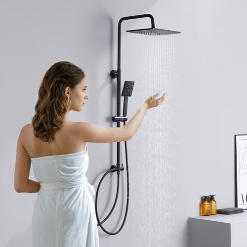 Auralum Colonna Doccia senza Miscelatore, Colonna Doccia Nera Regolabile 74-109cm, Set Doccia con Soffione e Doccetta